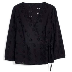 Madewell Scalloped Eyelet Wrap Top Belted / Tie Waist Black